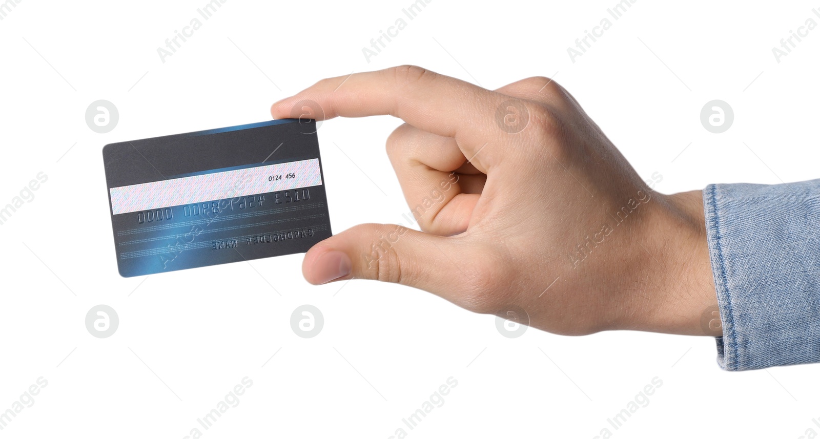 Photo of Man holding credit card on white background, closeup