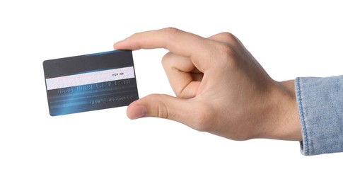 Photo of Man holding credit card on white background, closeup