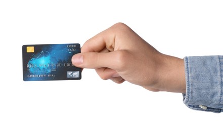 Man holding credit card on white background, closeup