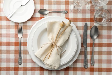 Photo of Stylish setting with cutlery and plates on table, flat lay