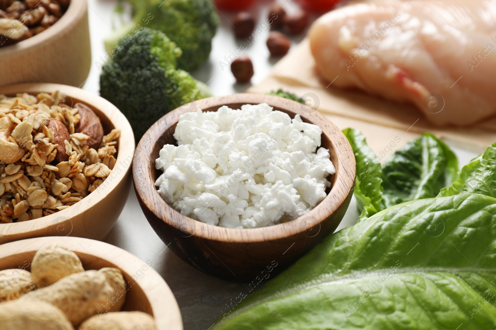 Photo of Many different healthy food on table, closeup