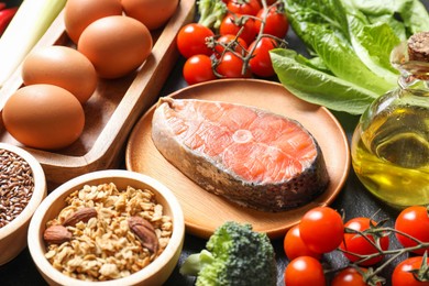 Many different healthy food on table, closeup