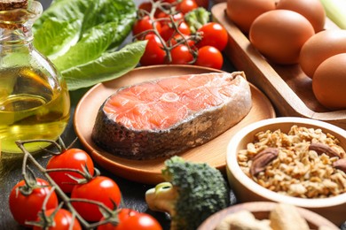 Many different healthy food on table, closeup