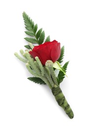 Photo of One stylish red boutonniere isolated on white