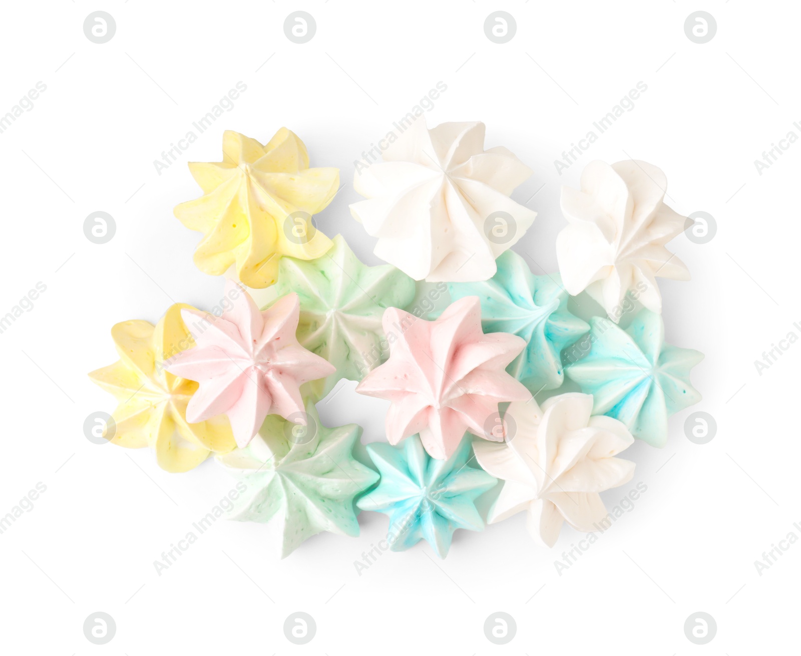 Photo of Many delicious meringue cookies isolated on white, top view