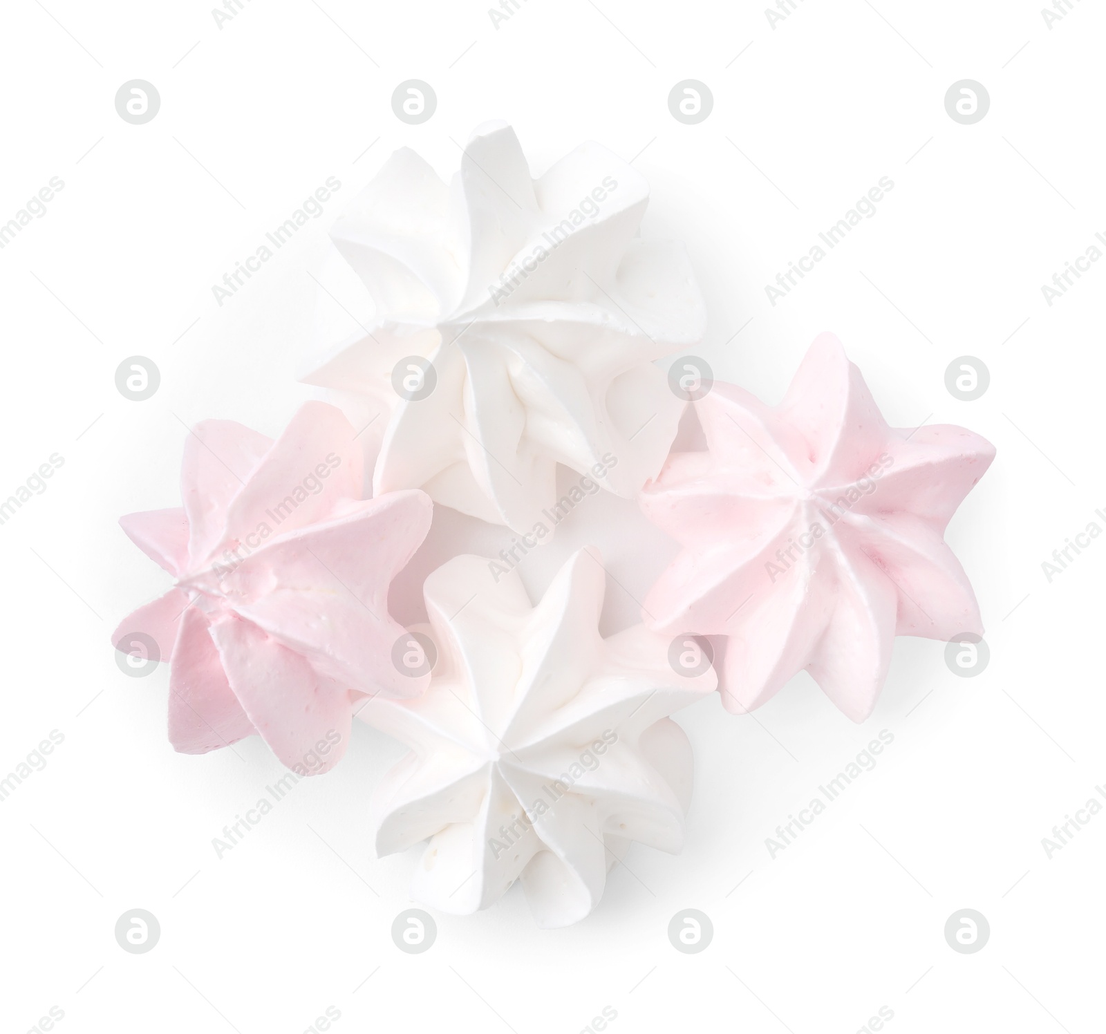 Photo of Many delicious meringue cookies isolated on white, top view