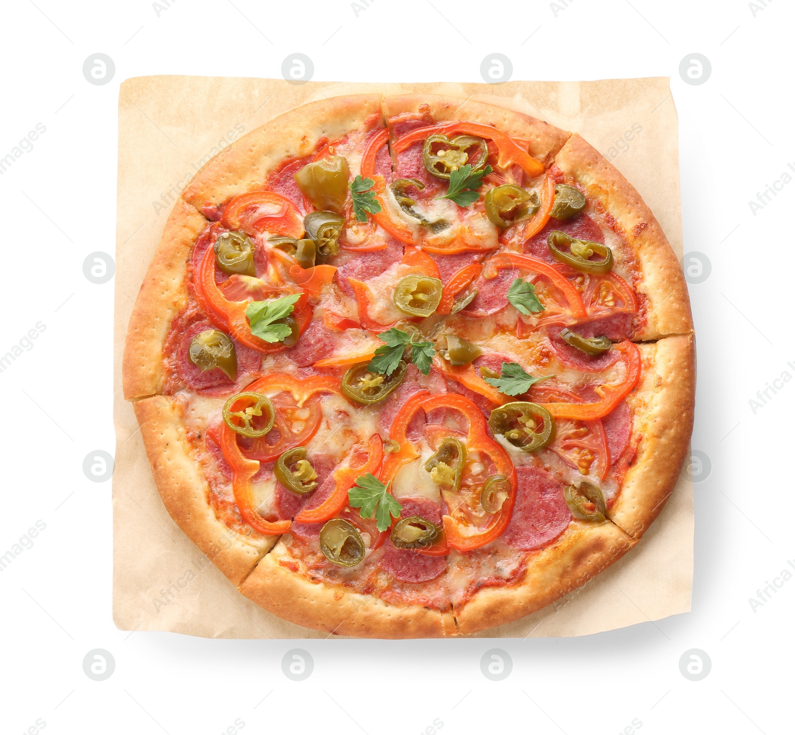 Photo of Delicious hot pizza Diablo isolated on white, top view