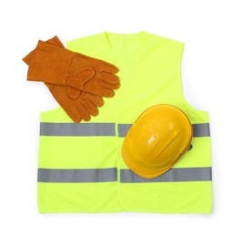 Reflective vest, hard hat and protective gloves isolated on white, top view