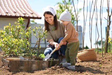 Photo of Mother and her son planting tree together in garden