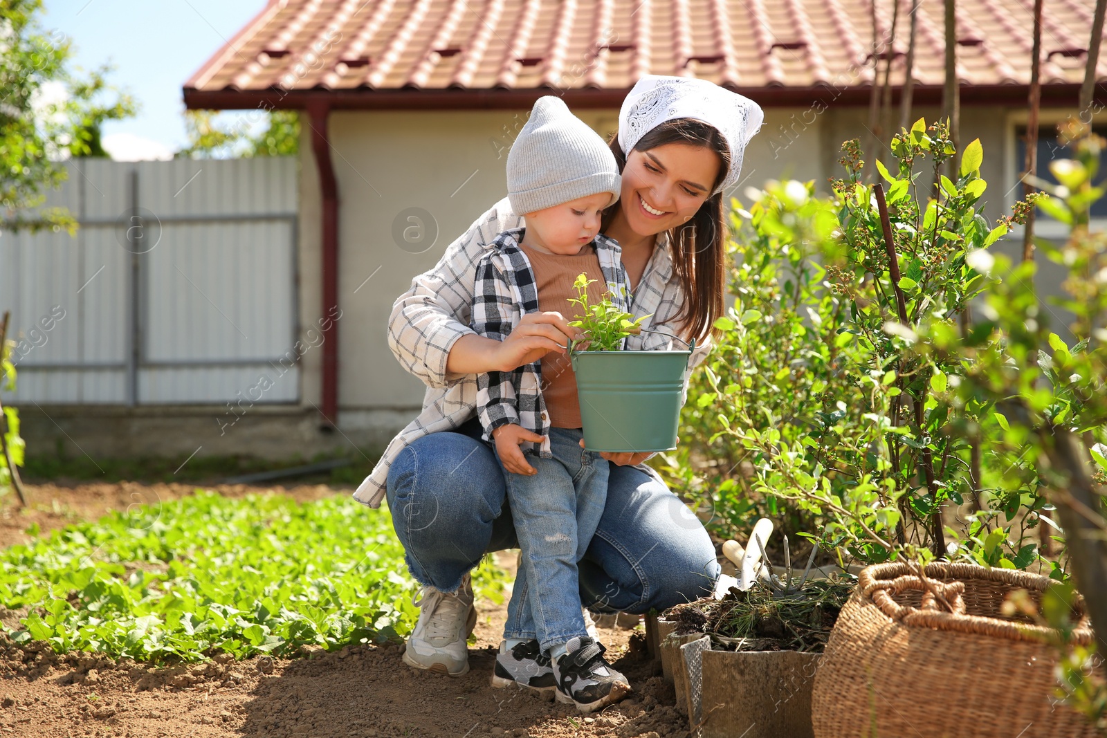 Photo of Mother and her cute son planting tree together in garden