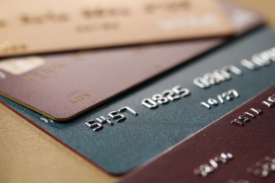 Different credit cards on table, macro view