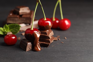 Fresh cherries with chocolate on grey wooden table, space for text