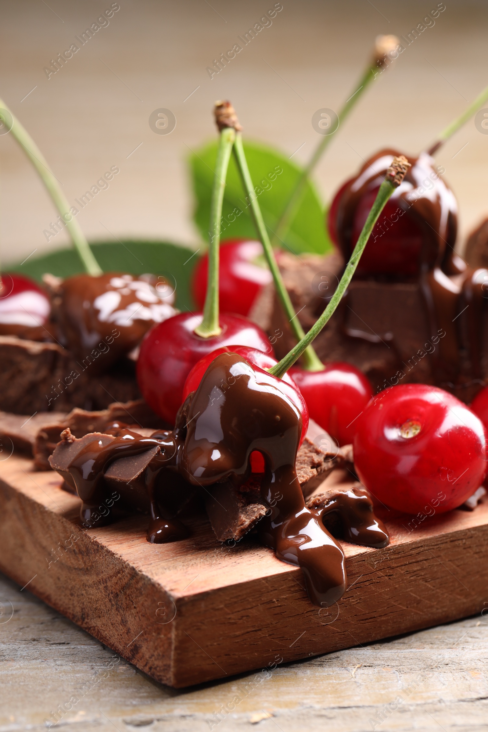 Fresh cherries with milk chocolate on wooden table, closeup Photo of Fresh cherries with milk chocolate on wooden table, closeup
