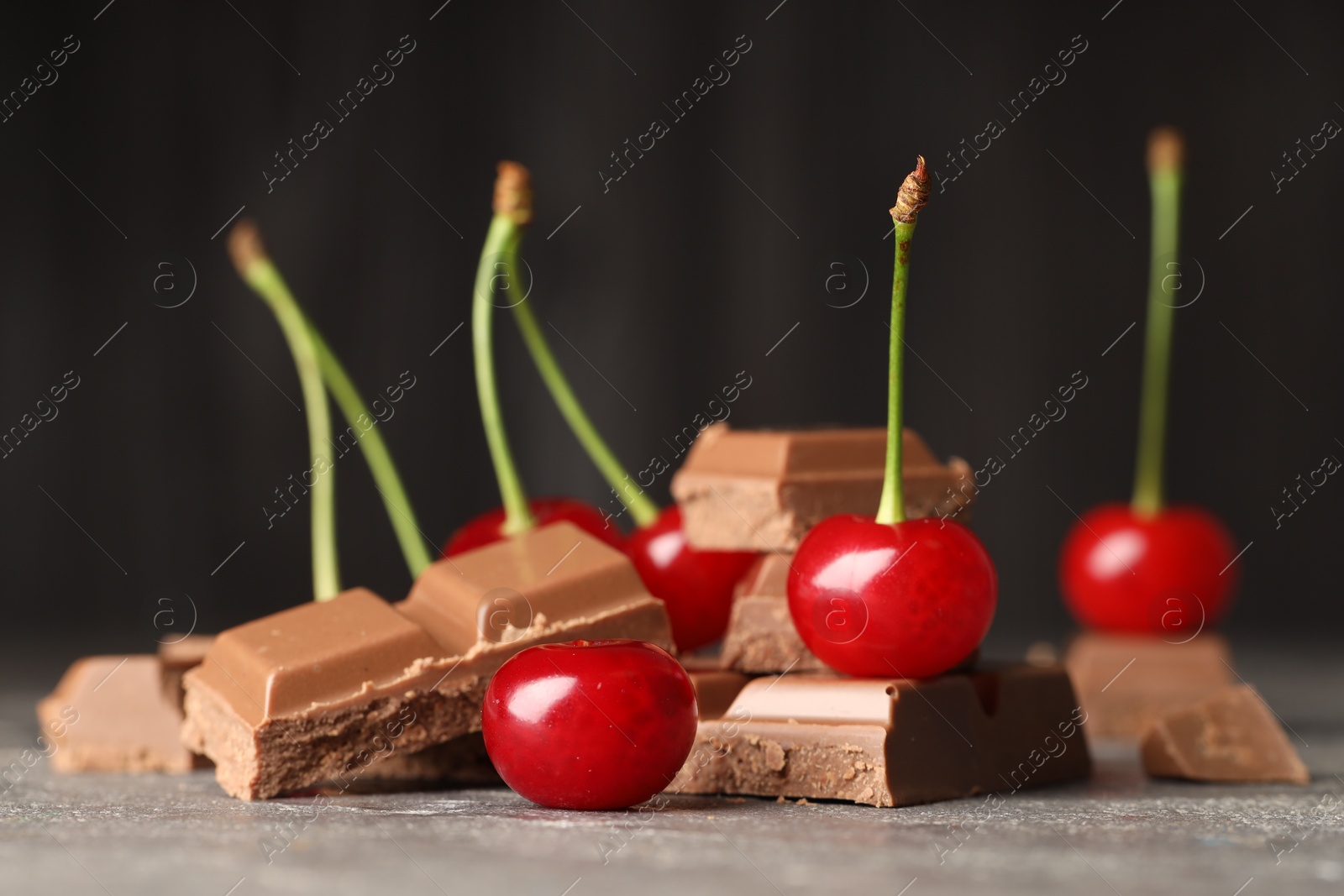 Photo of Fresh cherries with pieces of milk chocolate on grey textured table, closeup