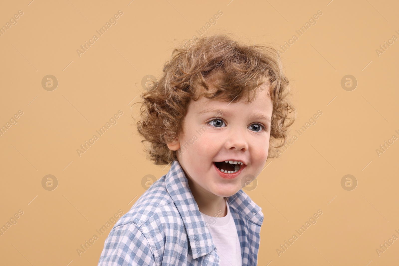 Photo of Portrait of cute little boy on beige background