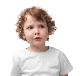 Photo of Portrait of emotional little boy on white background