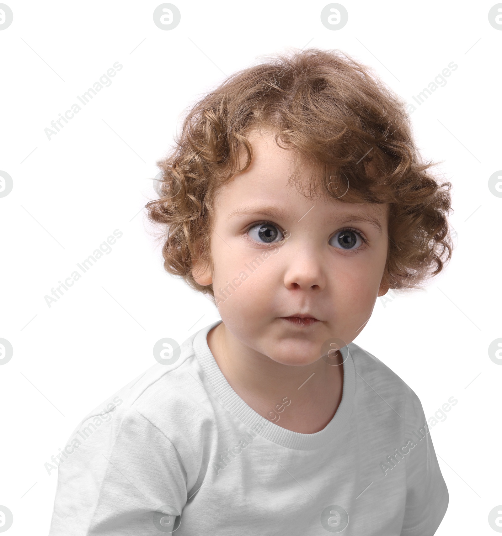 Photo of Portrait of cute little boy on white background