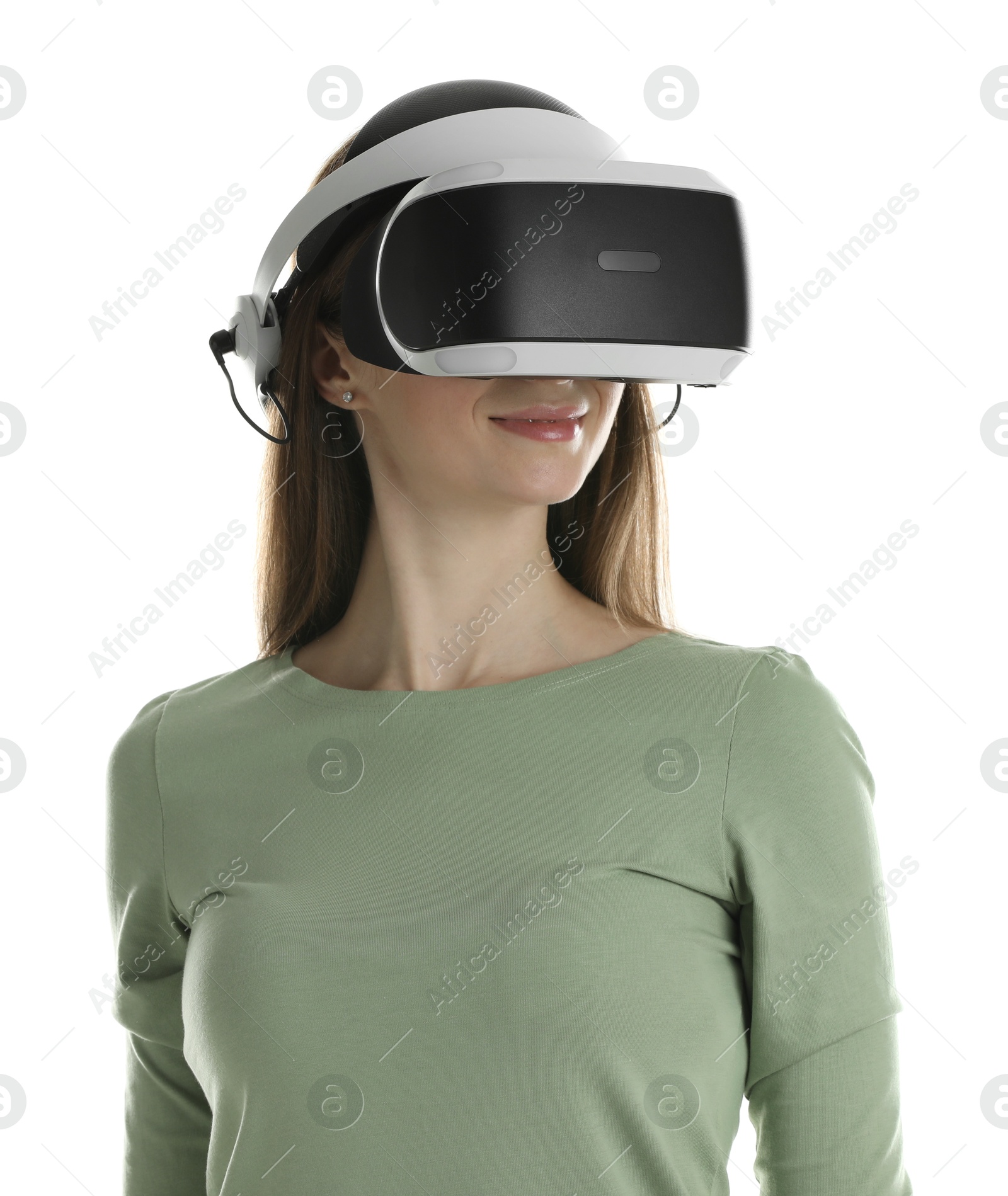 Photo of Woman using virtual reality headset on white background