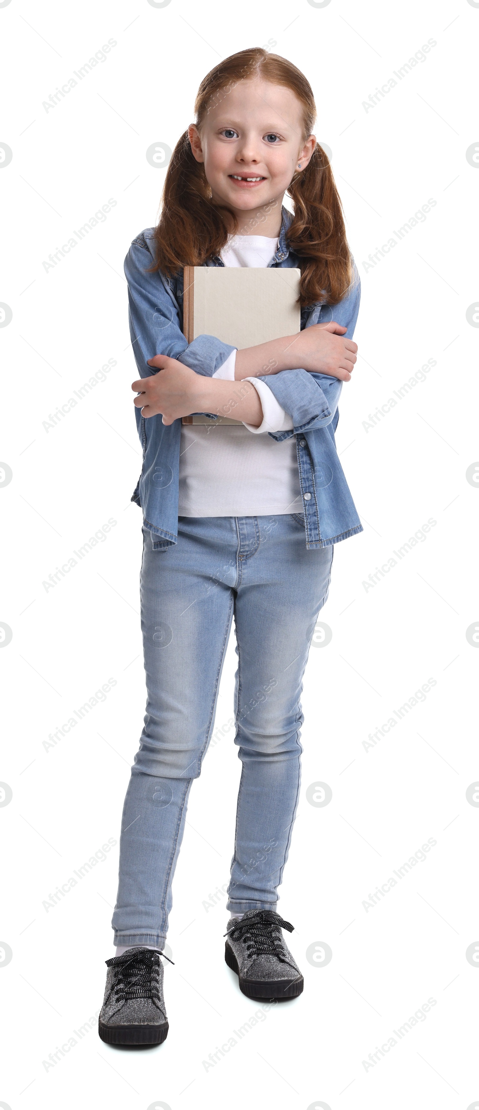 Photo of Cute little girl with book on white background