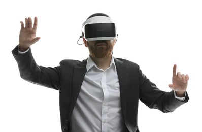 Photo of Man using virtual reality headset while sitting in office chair on white background