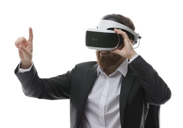 Man using virtual reality headset while sitting in office chair on white background