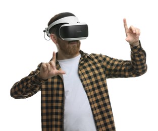 Man using virtual reality headset on white background