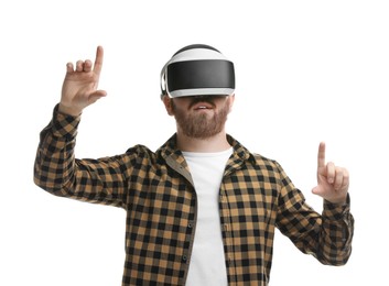 Man using virtual reality headset on white background