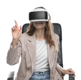 Photo of Smiling woman using virtual reality headset while sitting in office chair on white background