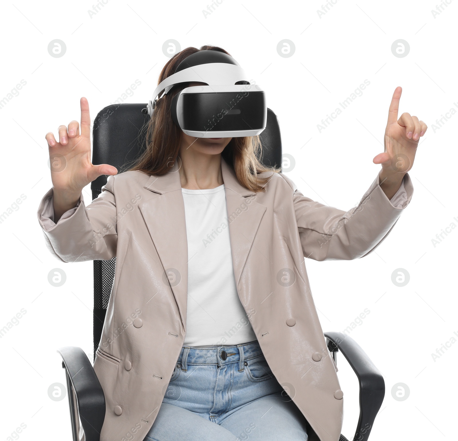 Photo of Woman using virtual reality headset while sitting in office chair on white background