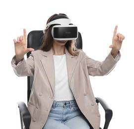 Photo of Woman using virtual reality headset while sitting in office chair on white background