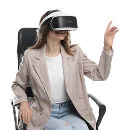 Photo of Smiling woman using virtual reality headset while sitting in office chair on white background
