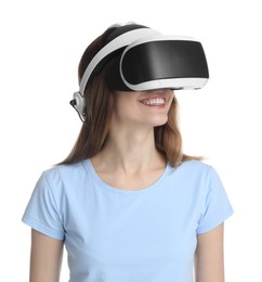 Photo of Smiling woman using virtual reality headset on white background