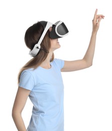 Photo of Woman using virtual reality headset on white background