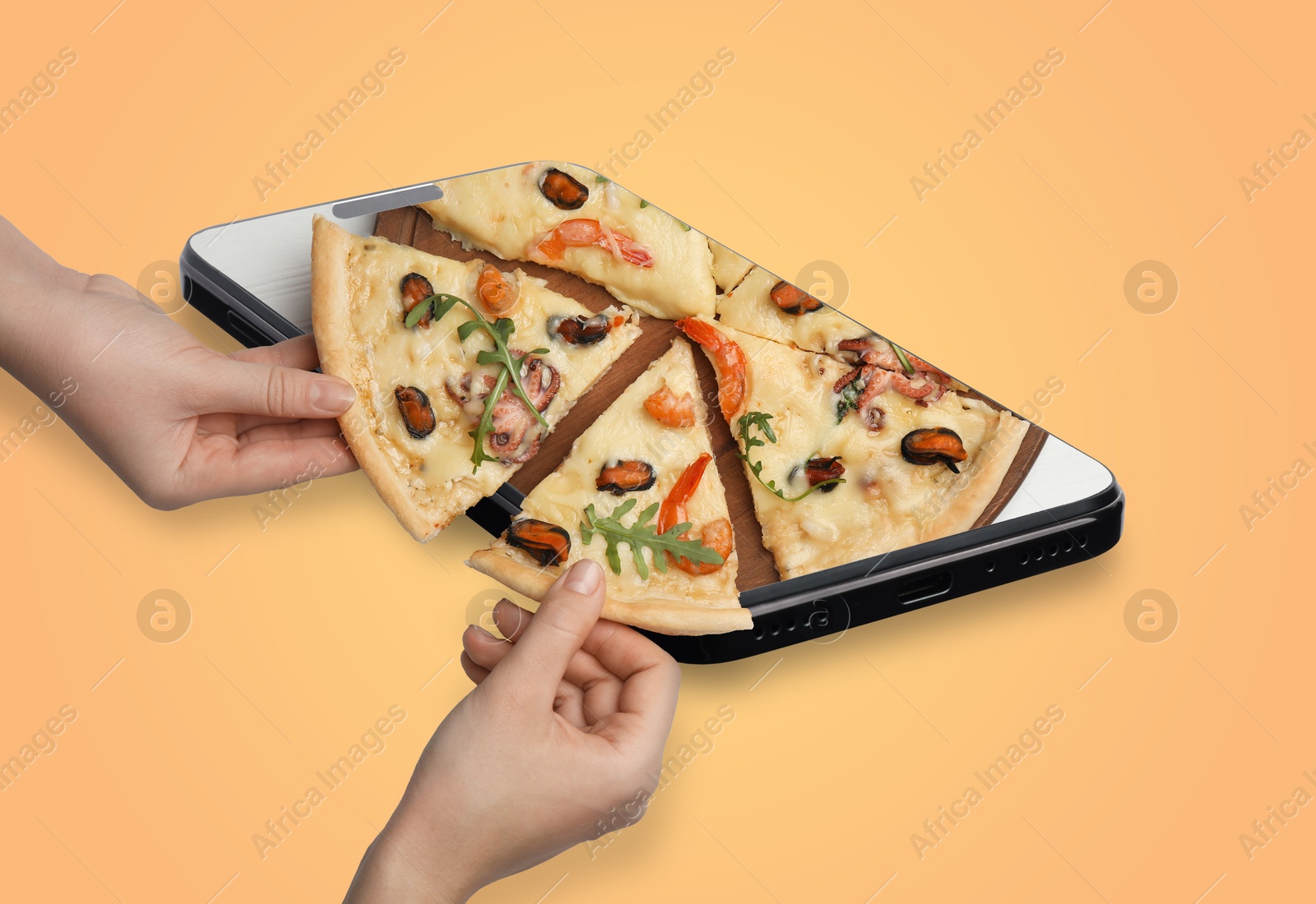 Image of Online food ordering. Friends taking pizza slices from smartphone screen against orange background, closeup