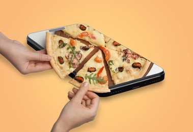 Image of Online food ordering. Friends taking pizza slices from smartphone screen against orange background, closeup