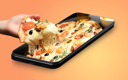 Online food ordering. Woman taking slice of pizza from smartphone screen against orange gradient background, closeup