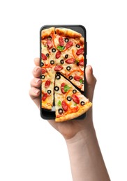 Image of Online food ordering. Woman holding smartphone with pizza on screen against white background, closeup. One slice sticking out of device