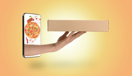 Online food ordering. Woman with pizza on smartphone screen against orange gradient background, closeup