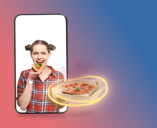 Image of Online food ordering. Woman with pizza on smartphone screen against color gradient background