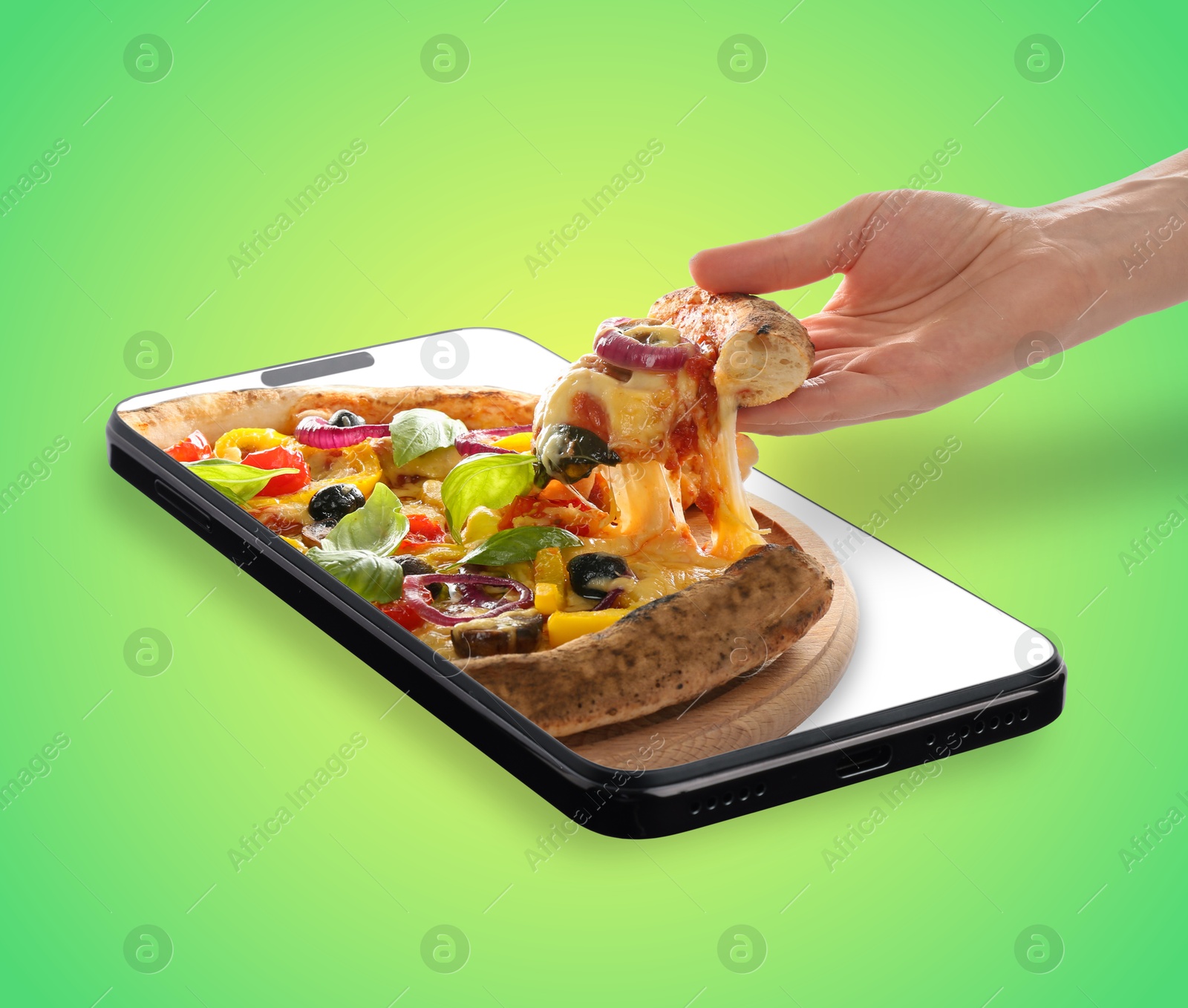 Image of Online food ordering. Woman taking slice of pizza from smartphone screen on green background, closeup