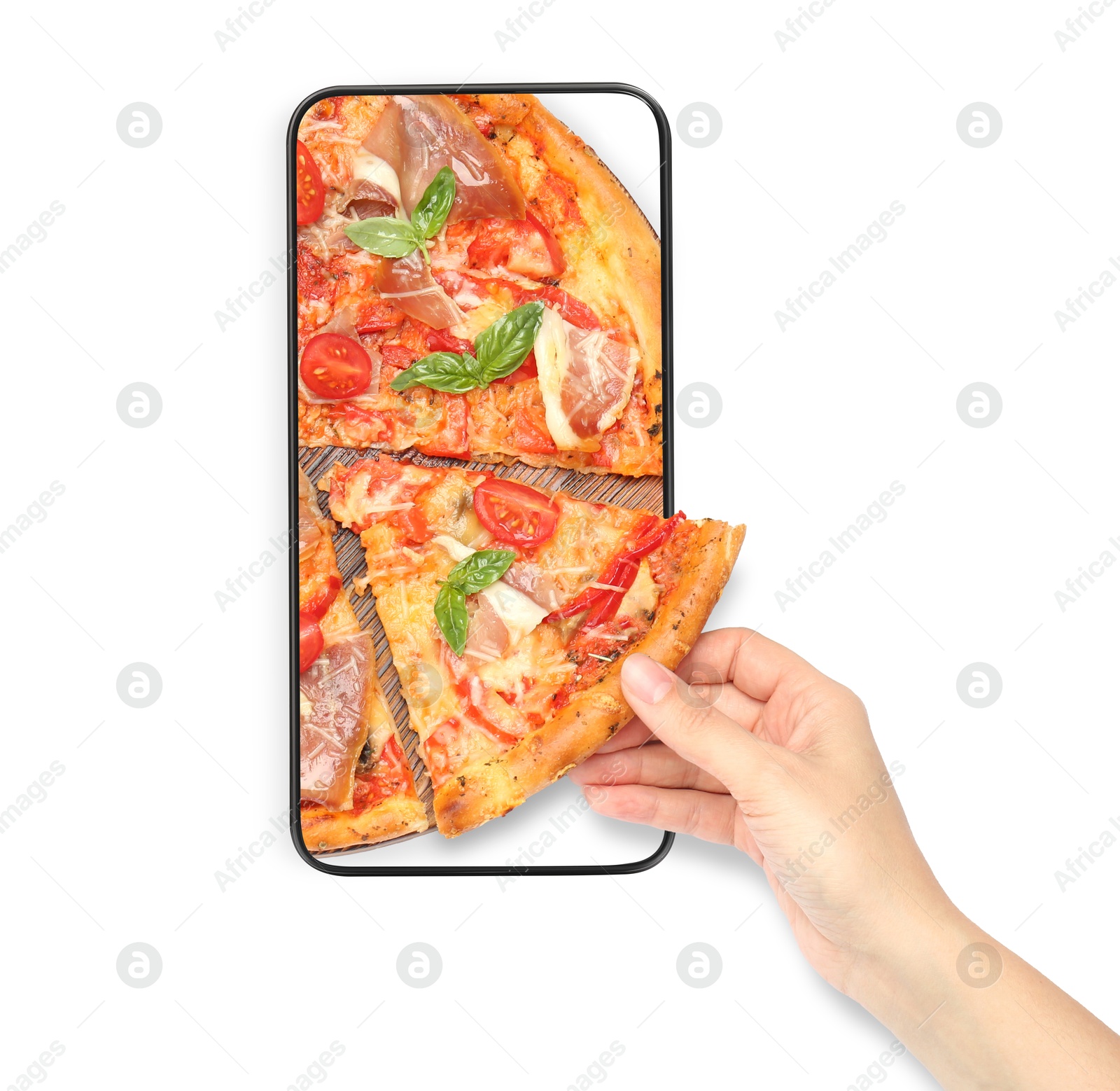 Image of Online food ordering. Woman taking slice of pizza from smartphone screen against white background, closeup
