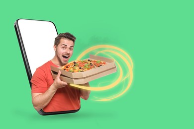 Image of Online food ordering. Man with pizza on smartphone screen against green background