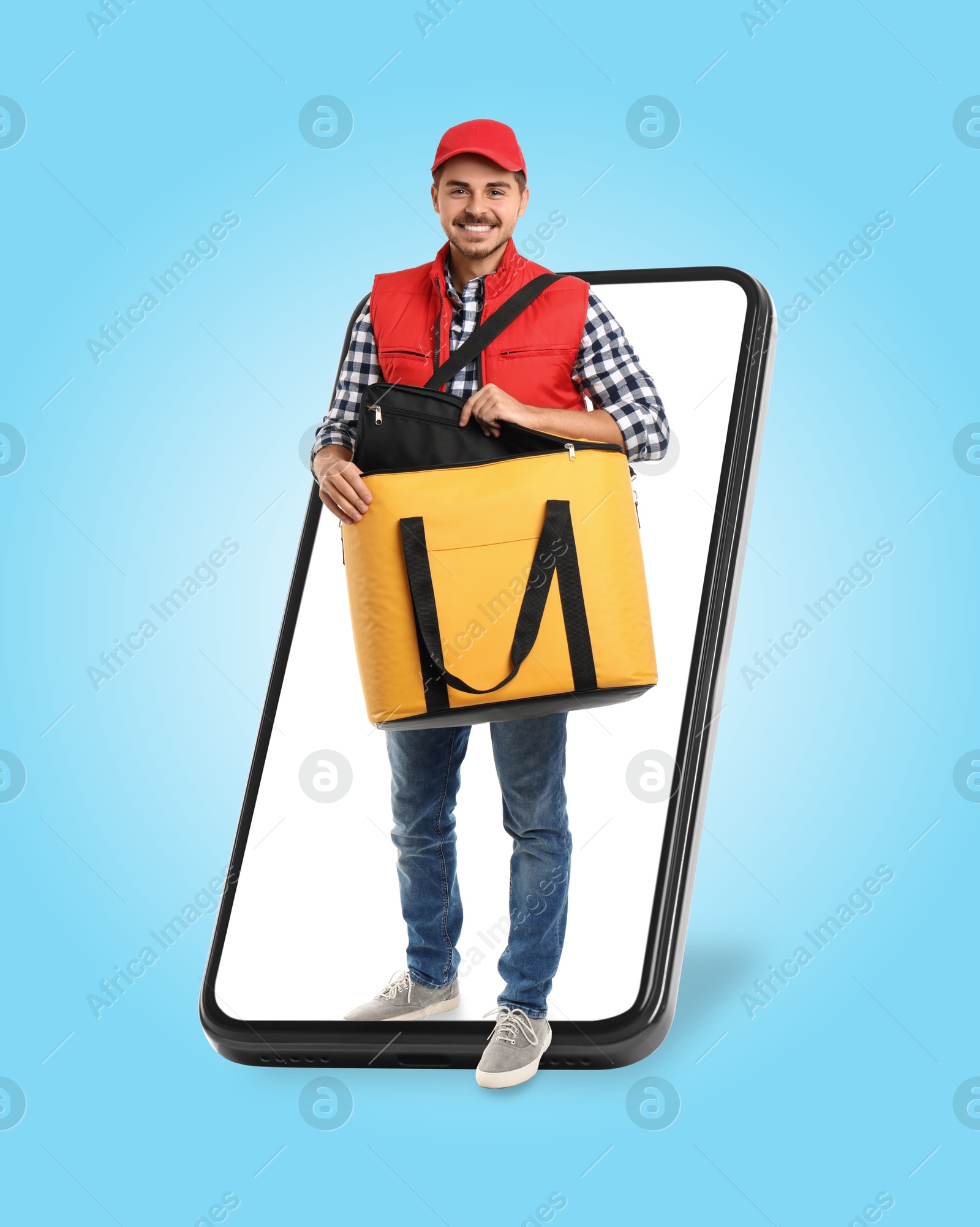 Image of Online food ordering. Deliveryman with bag walking out of smartphone screen against light blue background