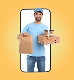 Online food ordering. Deliveryman with pizza boxes, bag and drinks on smartphone screen against orange background