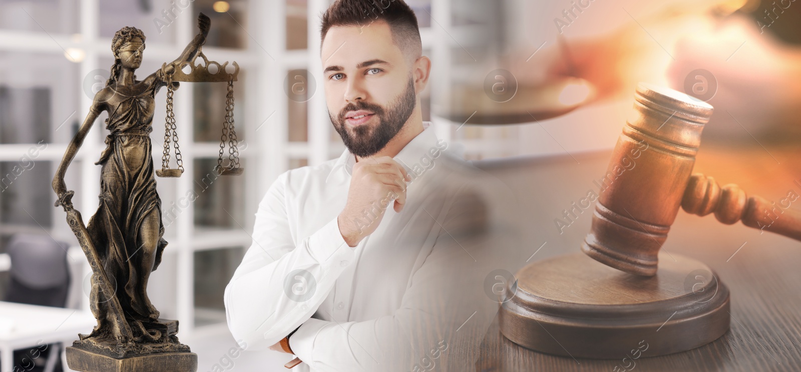 Image of Multiple exposure of lawyer, Lady Justice figure and gavel. Banner design