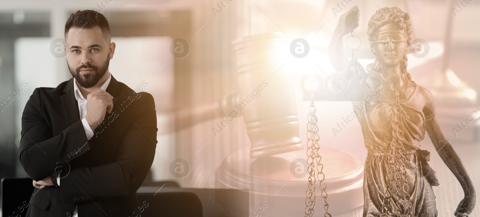 Image of Multiple exposure of lawyer, Lady Justice figure and gavel. Banner design