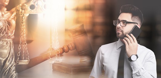 Multiple exposure of lawyer, Lady Justice figure and gavel. Banner design