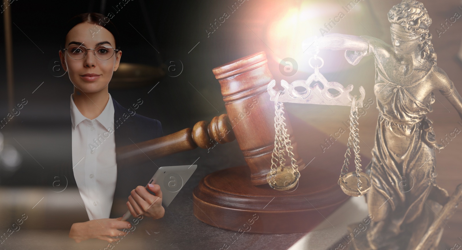 Image of Multiple exposure of lawyer, Lady Justice figure and gavel. Banner design