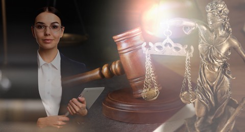 Image of Multiple exposure of lawyer, Lady Justice figure and gavel. Banner design