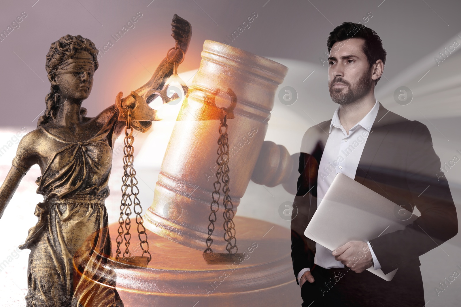 Image of Multiple exposure of lawyer, Lady Justice figure and gavel